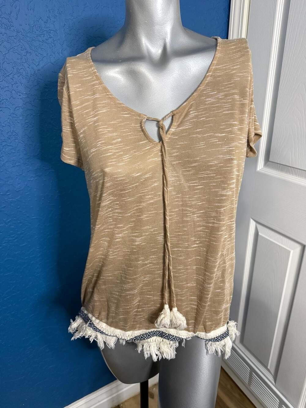 Cato Large Boho Fringe Tassel Top Tan Tie Front Short Sleeve